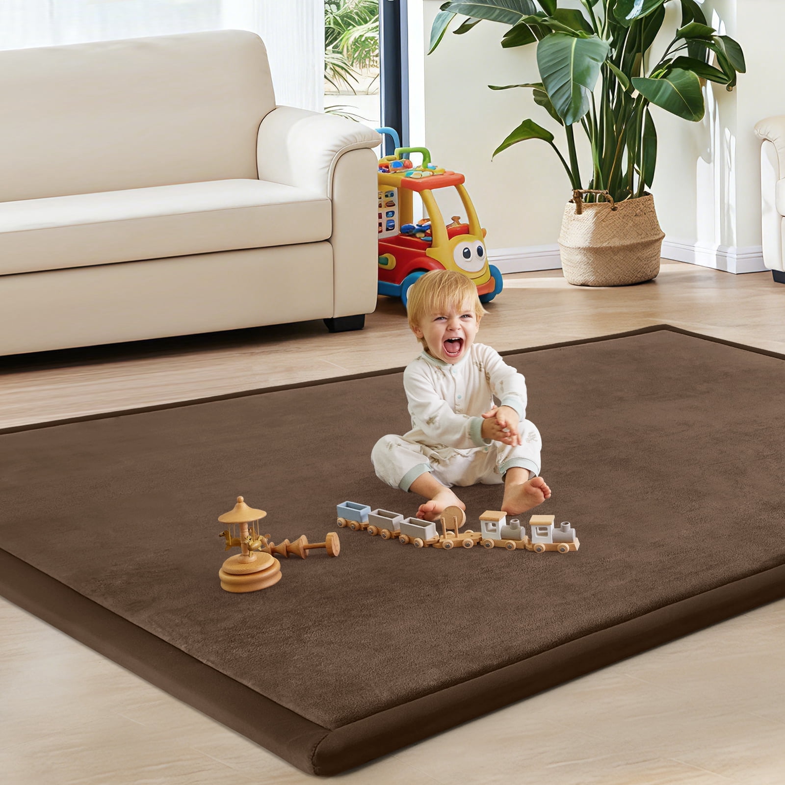 Teler Baby Play Mat for Floor, 1.3" Thick Foam 50"×50" Playmat, Ultra-Soft Plush Feel & Non-Slip Backing Safe for Infants, Toddlers Crawling, Coffee
