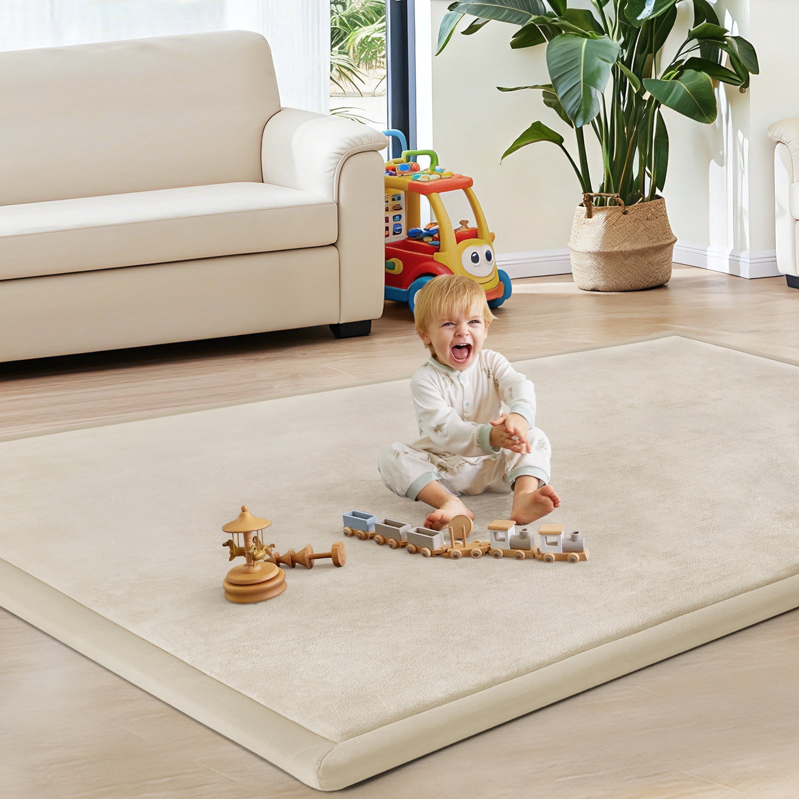 Teler Baby Play Mat for Floor, 1.3" Thick Foam 50"×50" Playmat, Ultra-Soft Plush Feel & Non-Slip Backing Safe for Infants, Toddlers Crawling, Beige