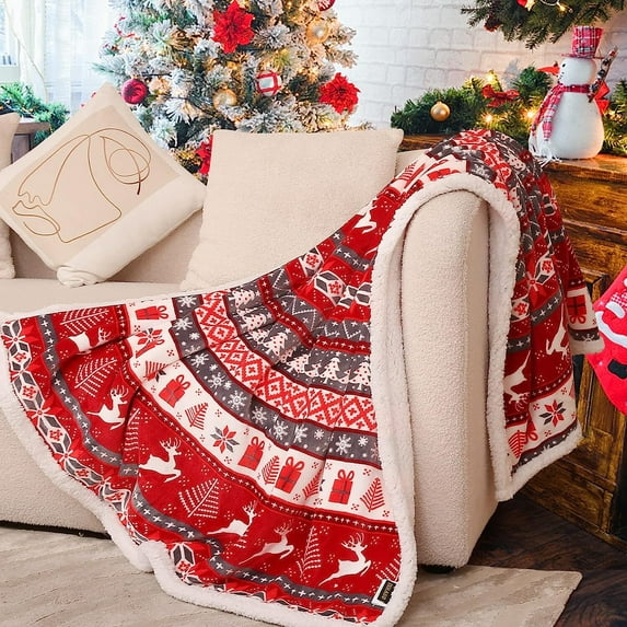 Teler Christmas Blankets and Throws, Christmas Snow Moose Fleece Sherpa Throw Blanket, Thick Winter Warm Cozy Flannel Deer Blanket (60X80 Inches , Grey)