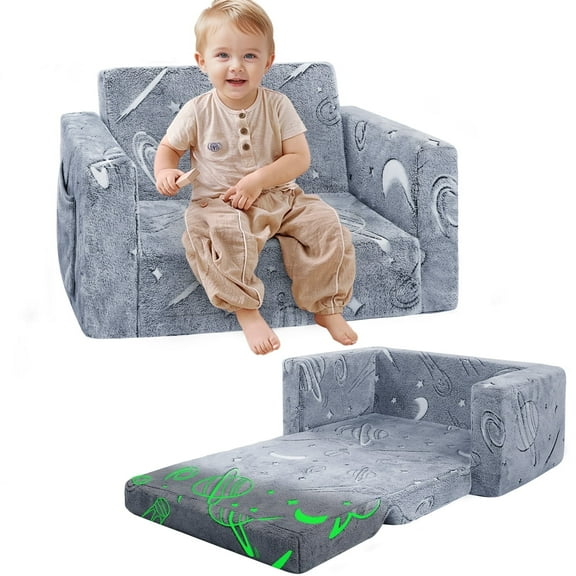 Teler Glow-in-The-Dark Starry Sky Toddler Sofa, 2-in-1 Foldable Plush Chair & Lounger for Kids Boys & Girls, Removable Washable Cover