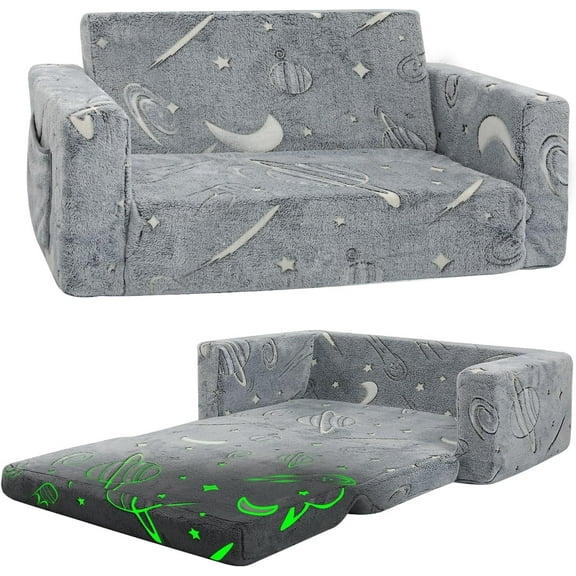 Teler Kids Sofa Toddler Couch Extra Wide Glow in the Dark Baby Convertible Sofa ,Foldable Toddler Bed for Girls Boys
