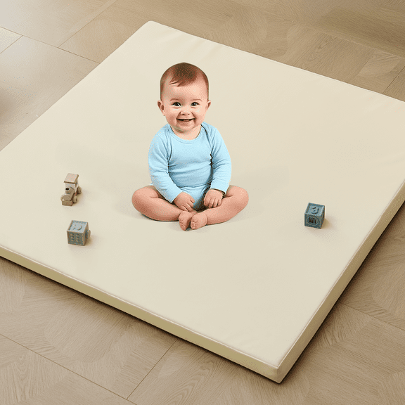 Teler Leather Baby Play Mat, 1.3" Thick Leather Crawling Mat, Cushioned & Waterproof Soft Playmat for Toddlers, Infants, 50" x 50", Beige