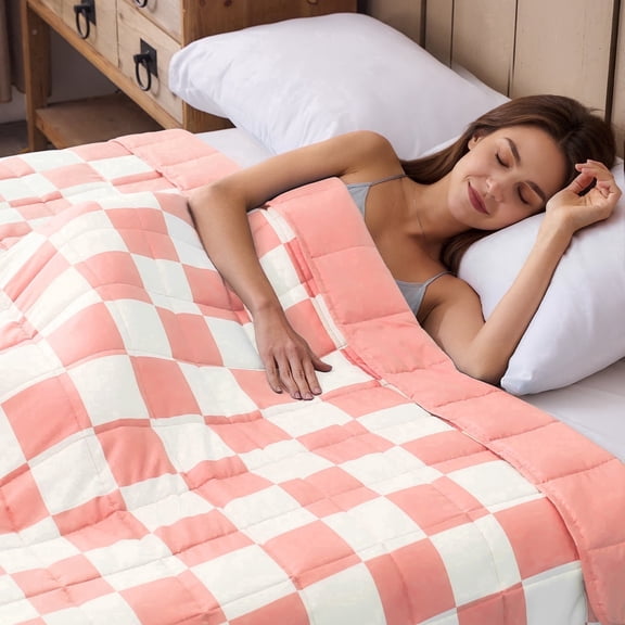 Teler Checkered Weighted Blanket for Adults 12 lbs, Soft Cooling Heavy Blanket for Sofa Bed, 48" x 72", Pink