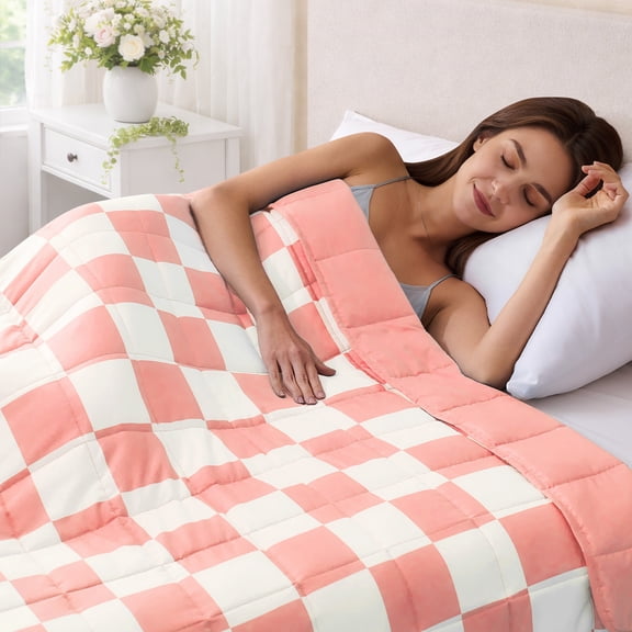 Teler Checkered Weighted Blanket for Adults 15 lbs, Soft Cooling Heavy Blanket for Sofa Bed, 48" x 72", Pink