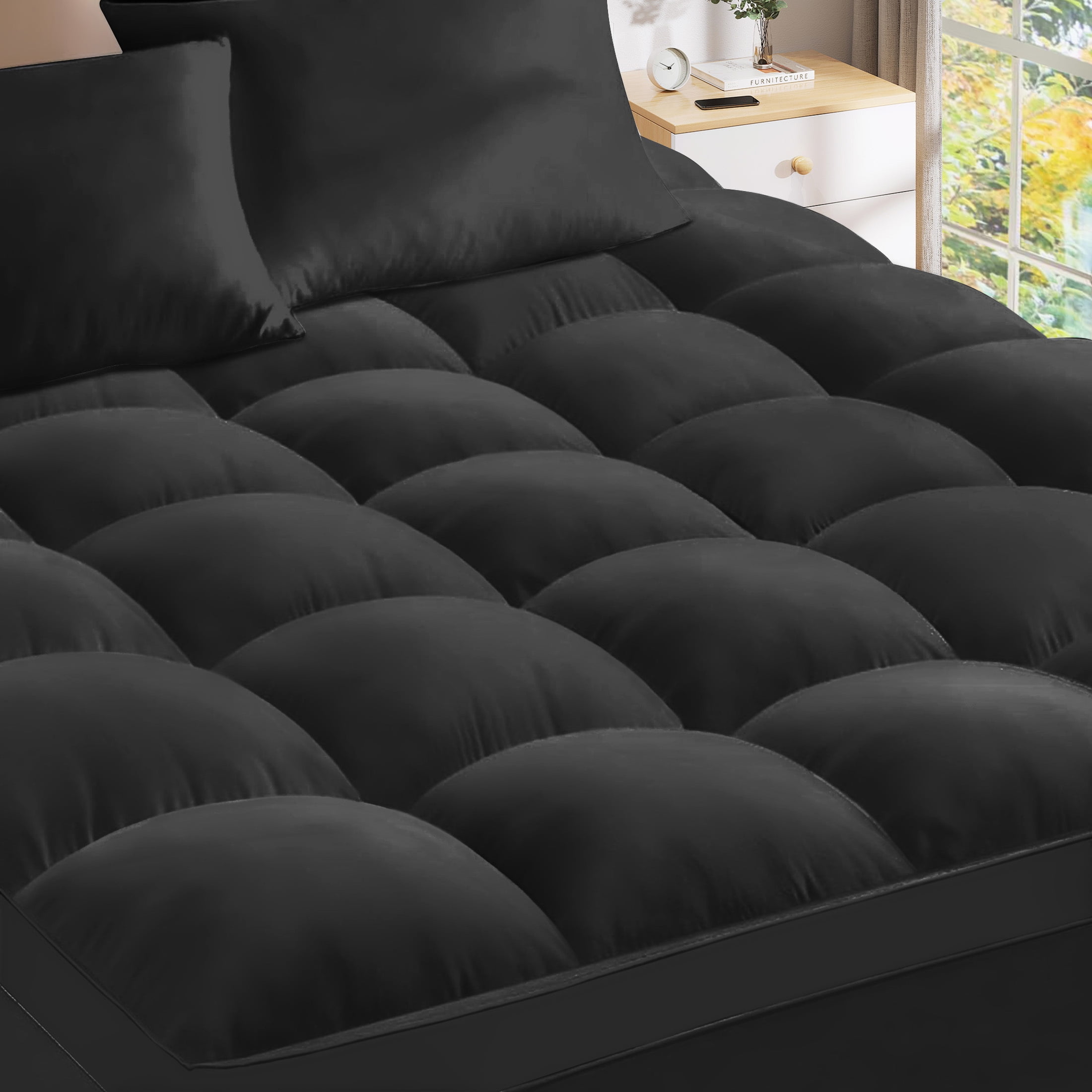 Teler Mattress Topper Queen Size for Back Pain, 400TC Extra Thick Mattress Pad Pillow Top, Quilted Fitted Mattress Protector Cover with 8-21" Deep Elastic Pocket, Soft & Breathable, Black