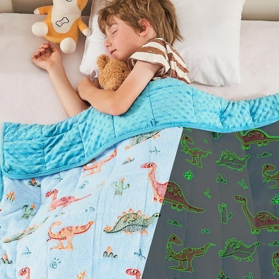 Teler Weighted Blanket for Kids, 36.2"x48.2" 3lbs Cooling Weighted Lap Blanket, Toddler Heavy Blankets, Fluorescent Dinosaur
