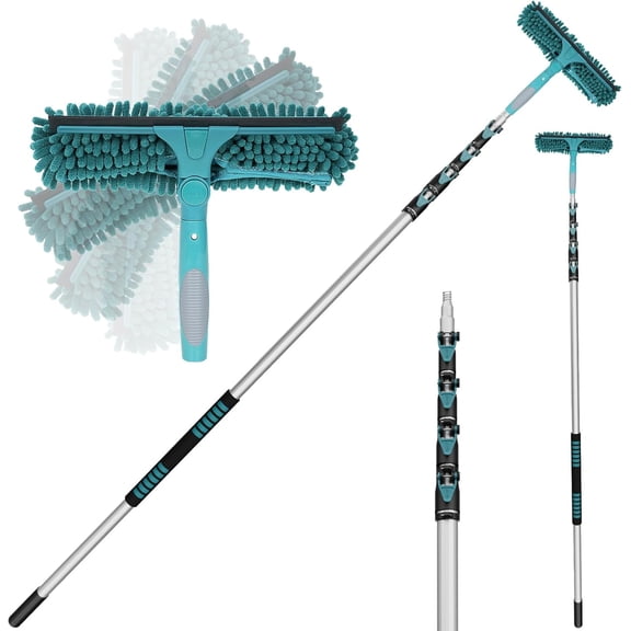 30 Feet High Reach Window Squeegee with 6-24 Ft Extension Pole, Window Cleaner Tool with 5-Stage Telescoping Pole, Window Cleaning Kit with Rotatable Head (2 Squeegee & 2 Microfibre Cloths).Product