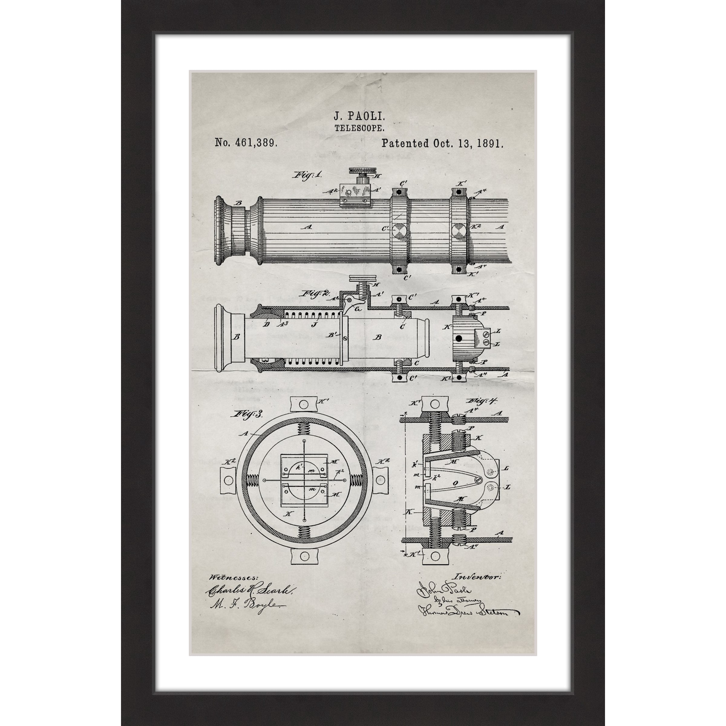 "Telescope 1891 Old Paper" Framed Painting Print