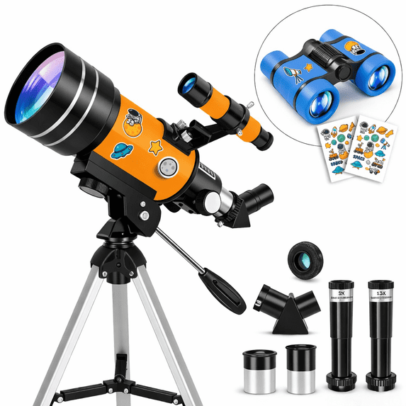 70mm Aperture Refractor Telescope for Adults & Kids, 300mm Beginner Astronomy Telescope with Tripod, Phone Adapter & Mini Binoculars