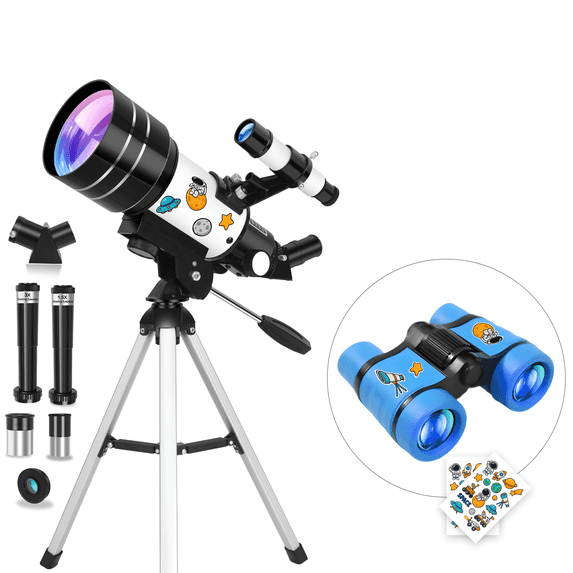 70mm Aperture Telescope for Adults & Kids, 300mm Refractor Telescope for Beginners, Portable Astronomy Telescope with Tripod, Smartphone Adapter & Mini Binoculars