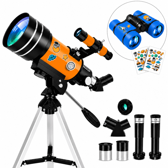 70mm Aperture Refractor Telescope for Adults & Kids, 300mm Beginner Astronomy Telescope with Tripod, Phone Adapter & Mini Binoculars