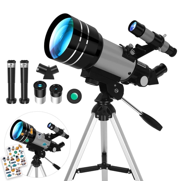 Telescope for Adults & Kids, 70mm Aperture 300mm Refractor Telescope with Mini Binoculars, Portable Travel Refractor Telescopes for Astronomy Beginners with Tripod & DIY Stickers