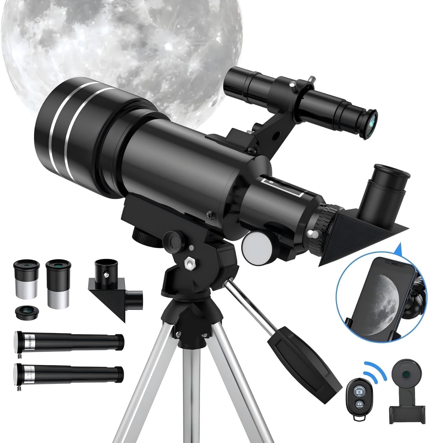 ODEB Telescope for Adults & Kids, 70mm Aperture Astronomical Refractor Telescopes for Astronomy Beginners (15X-150X), 300mm Portable Telescope with an Phone Adapter & A Wireless Remote