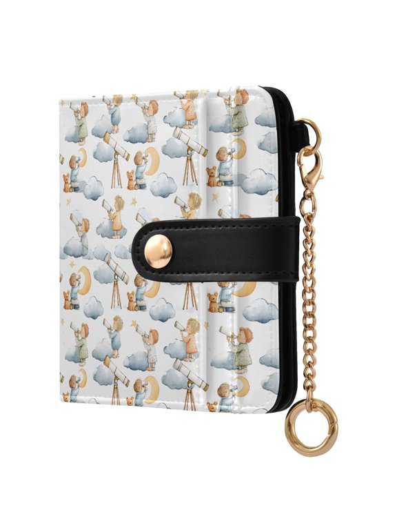 Telescope Child Cloud Small Wallet for Women RFID Blocking Bifold PU Leather Credit Card Holder with Zipper Coin Pocket Compact Cute Travel Purse Magnetic Snap 7 Card Slots