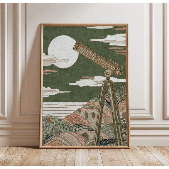 Telescope Moon Poster Vintage Astronomy Art Night Sky Landscape Wall Print