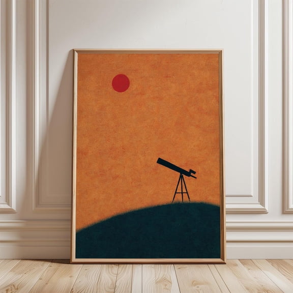 Telescope Silhouette Poster Minimal Astronomy Orange Night Sky Art, Unframed Poster