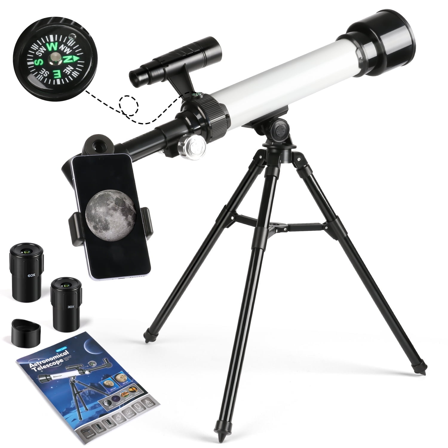 Hot Bee Telescope for Kids & Beginners Adults, 30-60X Astronomical Telescopes Refractor with Finder Scope Compass, Smartphone Adapter and Adjustbale Tripod