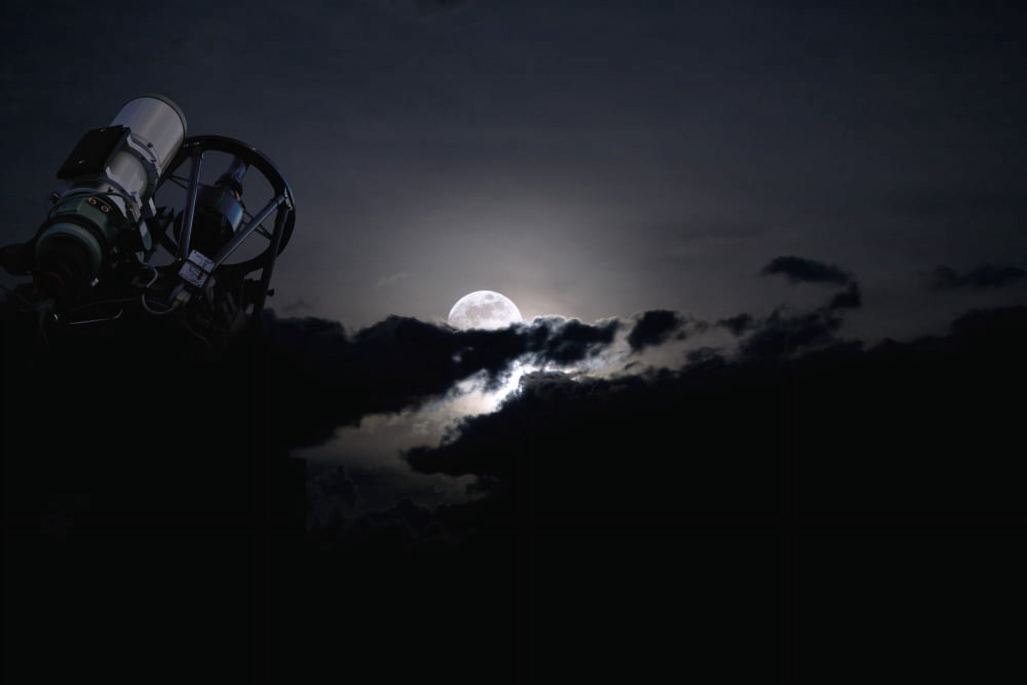 Telescope pointed out to the night sky with moon and clouds Canvas Art - Roth RitterStocktrek Images (35 x 23)