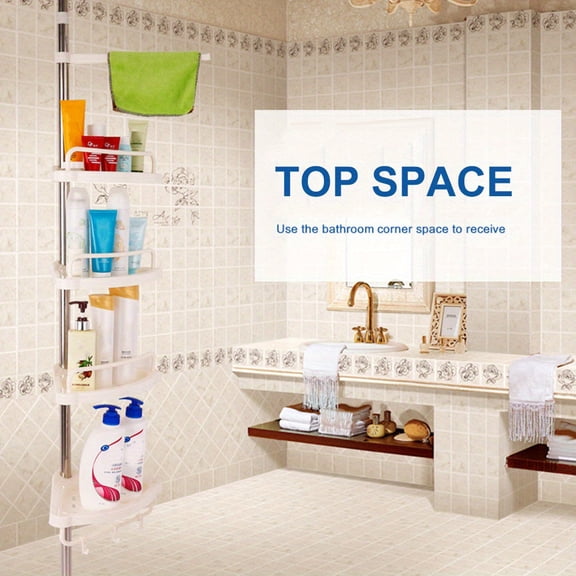 Telescopic Adjustable Bathroom Shelf - No Drill Floor/Ceiling Mount Stainless Steel Shower Caddy Organizer with 4 Trays, Space-Saving Corner Storage for Bathroom Organization, Metallic Finish