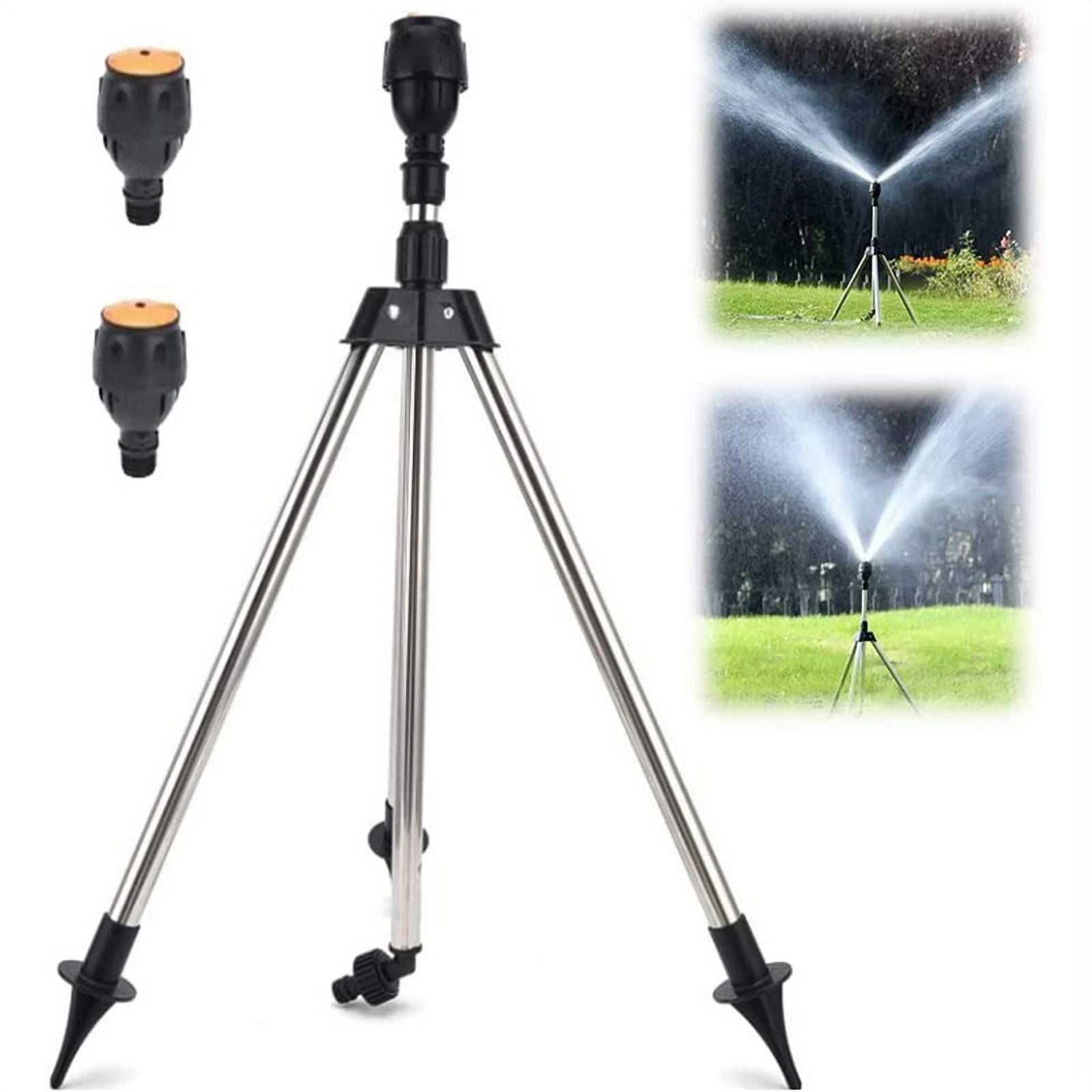 Telescopic Automatic Rotating Sprinkler Tripod Irrigation Artifact with One Sprinkler and Two Nozzles,1 x tripod 2 x Sprinkler head,Black