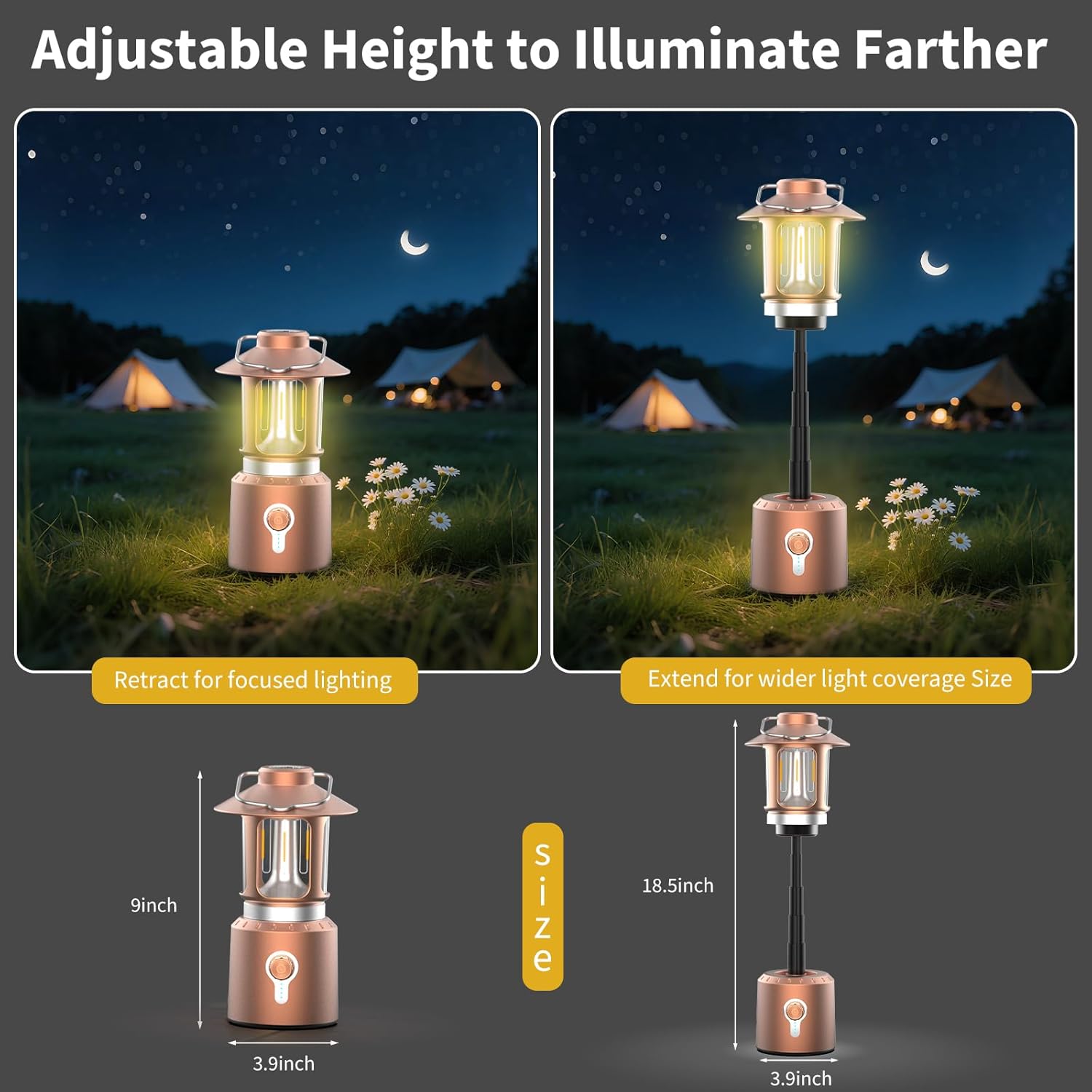 Telescopic Camping Lantern, 8000mAh Camping Lights Rechargeable with 3 Light Modes, Waterproof & Impact-Resistant Tent Lights, LED Lantern for Power Outages, Emergency, Hiking, Hurricane(Copper)
