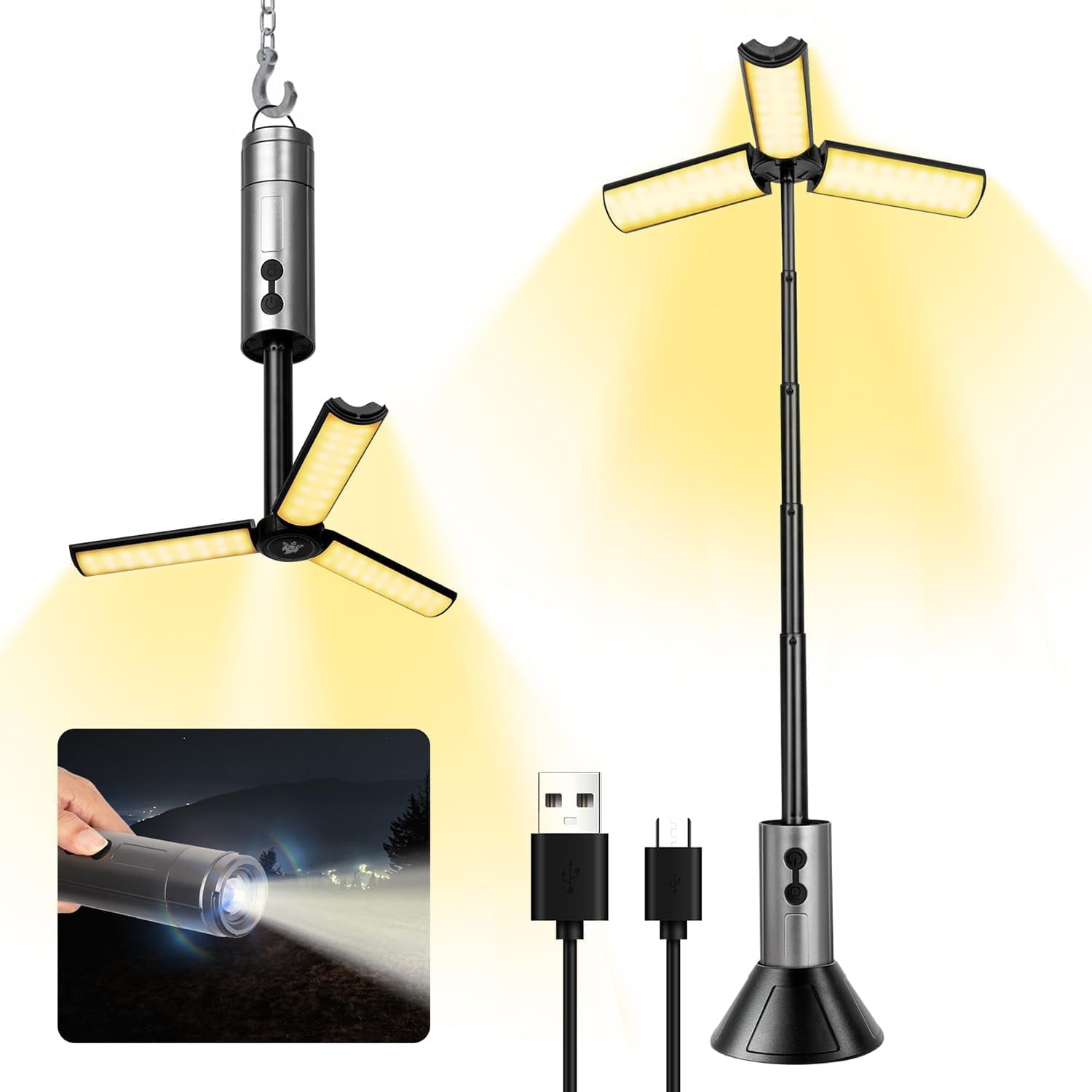 Telescopic Camping Light, 21700mAh Rechargeable Cordless Camping Lantern with Base, Dimmable Magnetic Tent Lamps Outdoor Work Lighting for Hiking, Camping, Home Emergency
