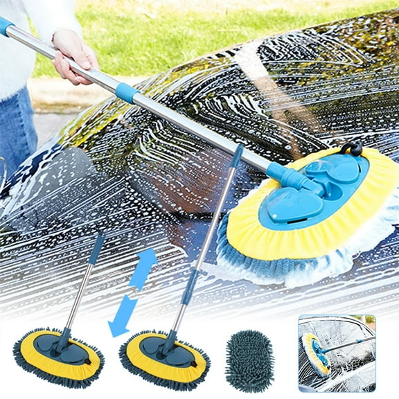 Telescopic Car Wash Mop with Soft Chenille Bristles - Adjustable Long Handle, Lightweight & Durable, Gentle on Paint, Includes 1 Mop Head, Light Blue