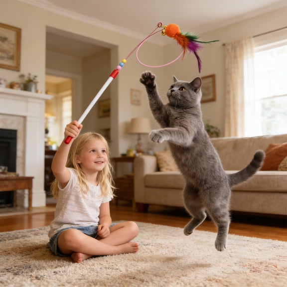 Telescopic Cat Wand Toy with Metal Plastic Rod and Feathers Ball, 360° Automatic Rotation and Bite Resistant Simulated Feathers, Handheld Ergonomic for Daily Interactive Bonding
