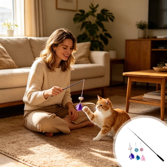 Telescopic Cat Wand Toy with Feather & Bell, 360° Rotating Spring, Interactive Exercise Tool