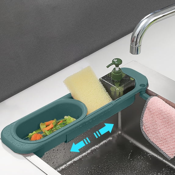 Telescopic Expandable Sink Caddy with Drainage Holes for Sponges and Dish Rags, Retractable Kitchen Storage Rack for Countertop Organization
