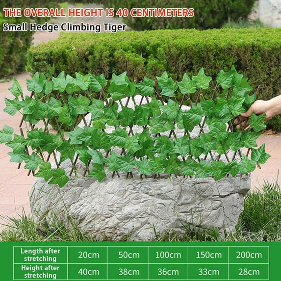 Telescopic Fence with Artificial Green Leaves 200CM Expandable Wooden Screen for Outdoor Courtyard,Balcony,Wall Decoration Realistic Garden Fencing with Vines (28 40CM Height)