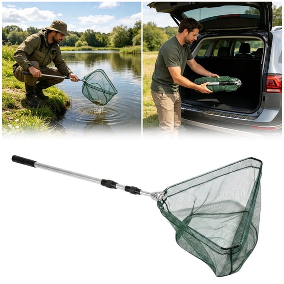 Telescopic Fishing Landing Net With Handle Aluminum Triangular Fish Net Portable Angling Gear For Freshwater Saltwater Shore Boat Fishing(Green-130Cm)