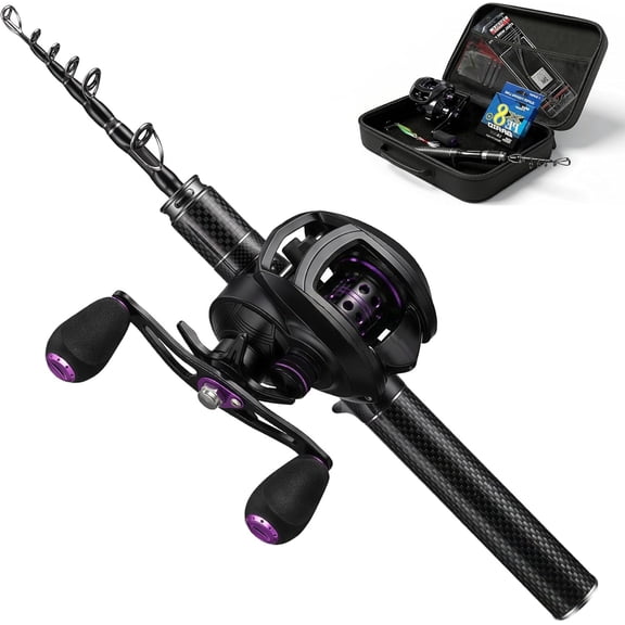 Telescopic Fishing Rod and Reel Combo - Carbon Fiber Pole with Learning Guide & Spare Tip - Includes Metal Handle Reel, Casting Glove, Line & Hook Tier - Complete Starter Kit
