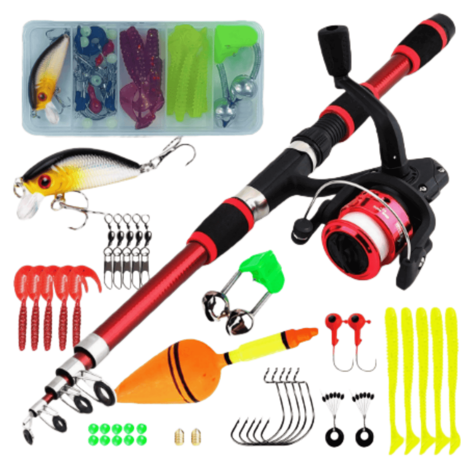 +sports +& +outdoors +fishing +rod +& +reel +combos Fishing Pole Combo Set, 2.1m/6.89ft, 2PCS Rods, 2PCS Spinning Reels fiber blank has a fitted cork reel seat with integrated rattles that deliver vibrations below the ice to attract hungry predators Telescopic Fishing Rod and Reel