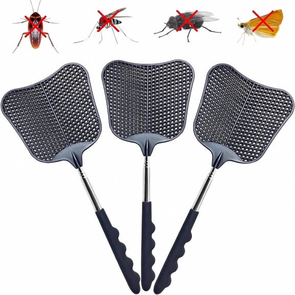 Telescopic Fly Swatter, 3 Pack Fly Swatter for Indoors Plastic Flyswatter Heavy Duty with Stainless Steel Telescopic Handle Ideal for Summer Home/Indoor/Outdoor/Classroom/Office (Black)