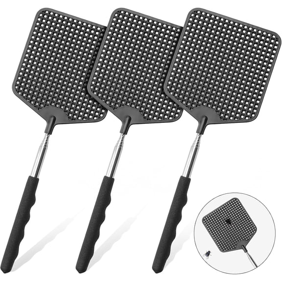 Telescopic Fly Swatter 3 Pack, Premium Plastic Fly Swatter, Flyswatters Heavy Duty, Stainless Steel HandleBlack