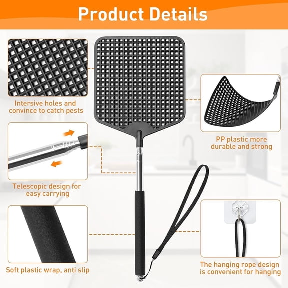 Telescopic Fly Swatters 2 Pack, Plastic Flyswatter, Fly Swatter Heavy Duty for Indoor, Outdoor, Classroom, Stainless Steel HandleBlack