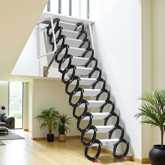 Telescopic Fold Ladder Attic Ladder Foldable Loft Stairs Pull Down Attic Stairs Ti-Mg Alloy Loft Wall Mounted Stairs, 1102LBS Capacity Heavy-Duty with Armrests for Attics, Garages