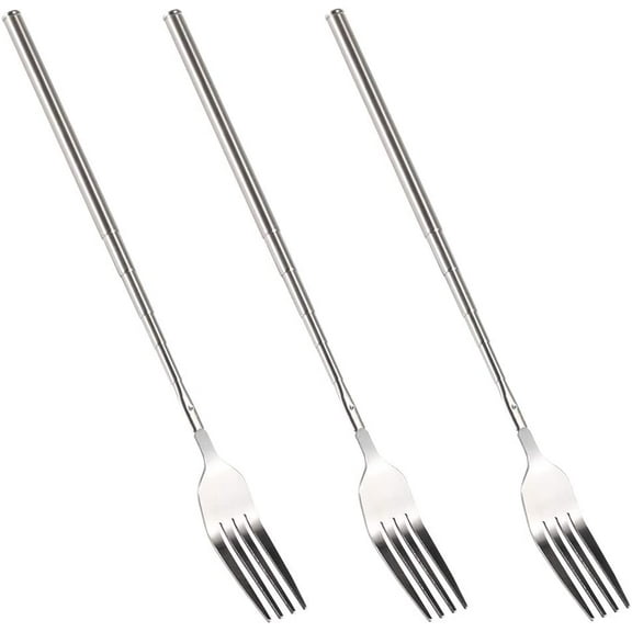 Telescopic Fork, 3PCS Stainless Steel Extendable Long Handle BBQ Dinner Fruit Dessert Fork, Sturdy and Durable 8.7-25.4inch