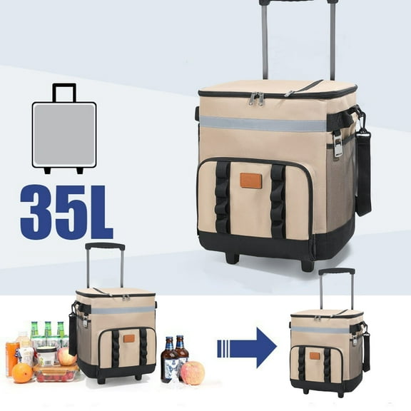 Telescopic Handle Rolling Cooler Bag with Wheels, Large Capacity Insulated Box for Picnics, Car Travel, and Outdoor Events, 27.5x25x18cm