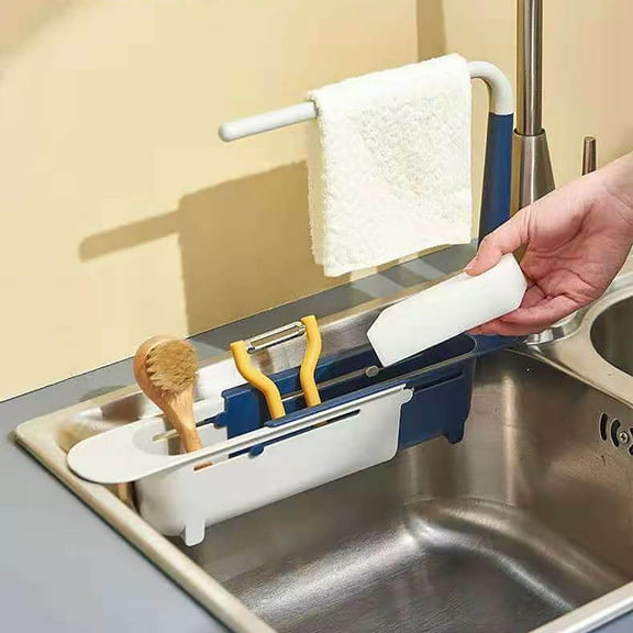Telescopic Kitchen Over Sink Organizer with Towel Hanger, Expandable Slim Drain Basket Multifunctional Caddy Adjustable Length Colander Rack Sponge Holder Storage Tray for Home Bathroom (Blue)