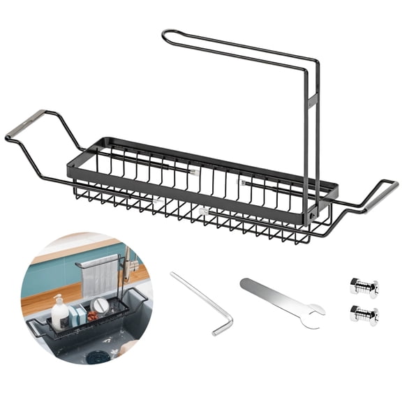 Extendable Kitchen Sink Holder, Adjustable Sink Organizer Rack - (16.7"-21.5") Telescoping Stainless Steel Sponge & Dishcloth Drying Holder for Kitchen Sink, Rustproof Over-Sink Storage (Black)