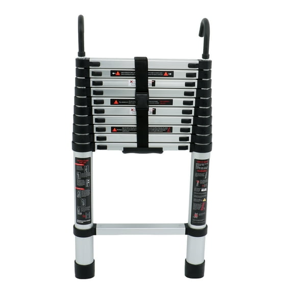 Telescopic Ladder 10.5ft with Two Hooks on Top, Independent Double Locking Aluminum Alloy, 330lbs Telescoping Stepladder Load Capacity Can be Used for Landscaping to Trim Trees and Branches