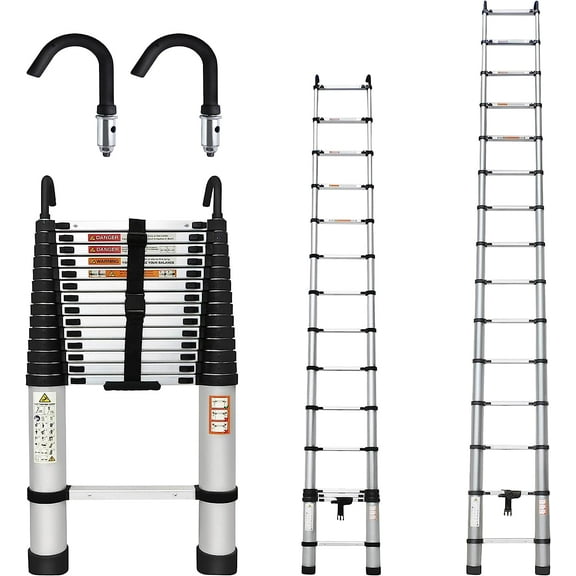 Telescopic Ladder 14.4FT, Aluminum Extension Ladder with 2 Roof Ladder Hooks, Collapsible Ladder for Home, Multipurpose Ladder for Outdoor Working, Household Roof Ladder, 330lb Max Capacity