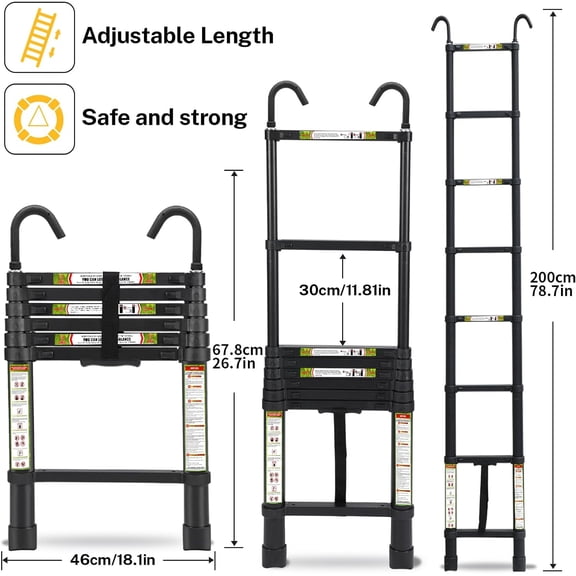 Telescopic Ladder, 6.5FT Aluminum Extension Ladder with Non-Slip Feet and Stable Hook, 330lb Capacity
