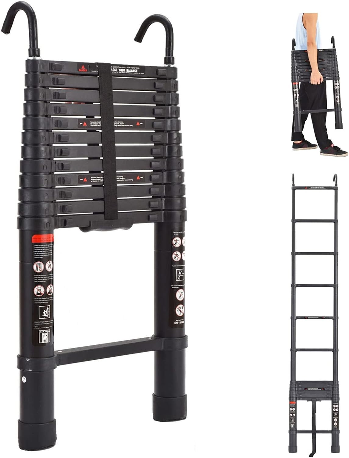 Telescopic Ladder Folding Ladder with 2 Detachable Hooks, Weight 36lbs