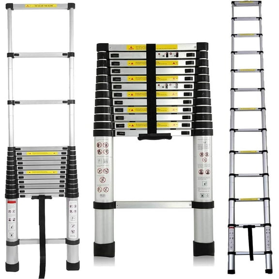 Telescopic Ladders 3.8M / 12.5FT Aluminum Extension Ladder 330lbs Max Load Portable Compact Storage