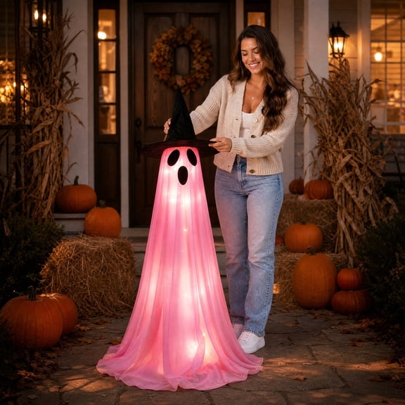 Telescopic Light Up Witch Hat Ghost Decor, Water Sand Fillable Wind Resistant Base Ornament, Disassemble Compact Storage Prop for Front Porch Lawn Indoor Outdoor Halloween Party Setup