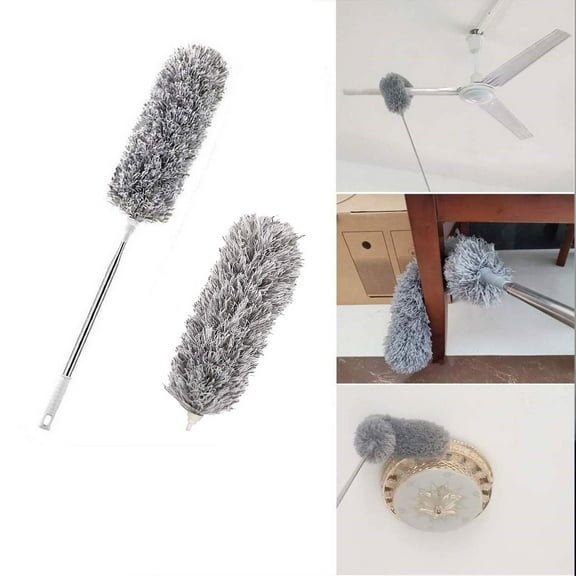 Telescopic Microfiber Duster Brush | Extendable Wand 30-100 Inch | 2 Reusable Washable Heads | 90掳 Flexible Angle | For Cleaning Roof, Ceiling Fans, Blinds, Furniture | Space-Saving Storage