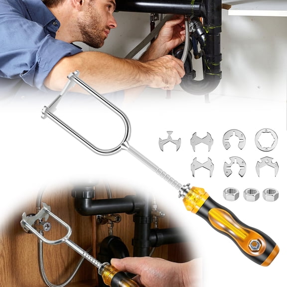 Telescopic Multifunctional Sink Wrench with 7 Replaceable Heads Sink Installer Tool Compact Basin Wrench for Bathroom Kitchen